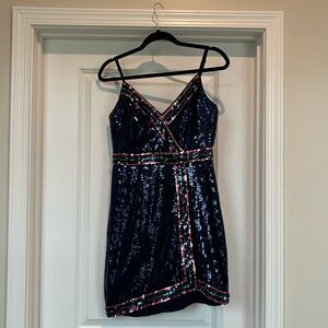 BCBGMaxAzria Navy Sequin Mini Dress with Multicolor Trim